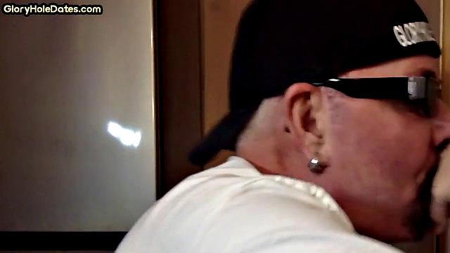 Gloryhole amateur DILF gives closeup blowjob and handjob