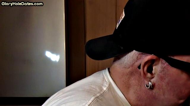 Gloryhole amateur DILF gives closeup blowjob and handjob