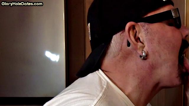 Gloryhole amateur DILF gives closeup blowjob and handjob