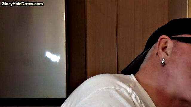 Gloryhole amateur DILF gives closeup blowjob and handjob