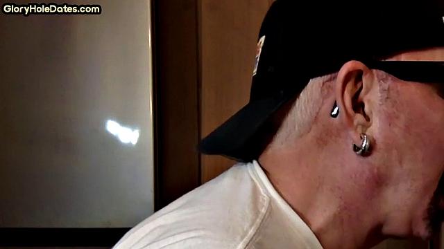 Gloryhole amateur DILF gives closeup blowjob and handjob