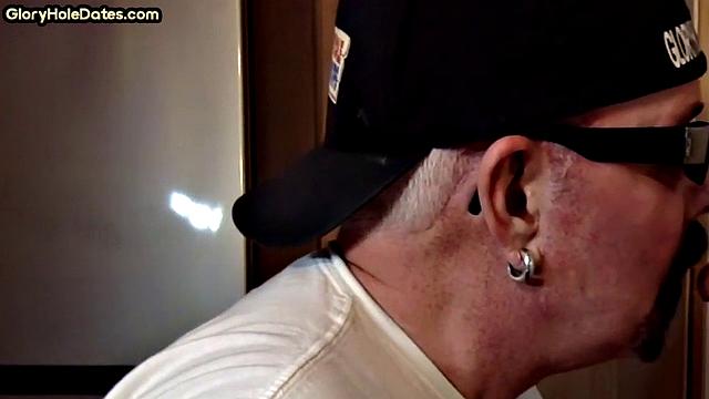 Gloryhole amateur DILF gives closeup blowjob and handjob