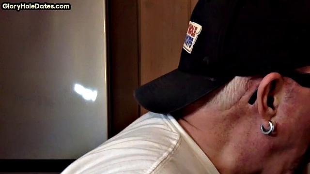 Gloryhole amateur DILF gives closeup blowjob and handjob