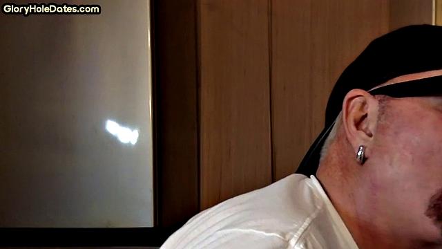 Gloryhole amateur DILF gives closeup blowjob and handjob