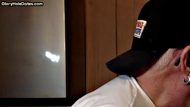 Gloryhole amateur DILF gives closeup blowjob and handjob