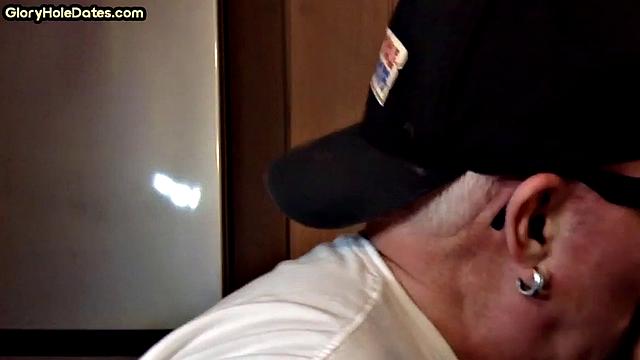 Gloryhole amateur DILF gives closeup blowjob and handjob