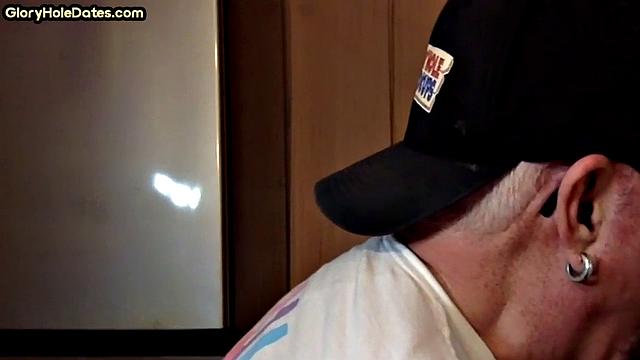 Gloryhole amateur DILF gives closeup blowjob and handjob