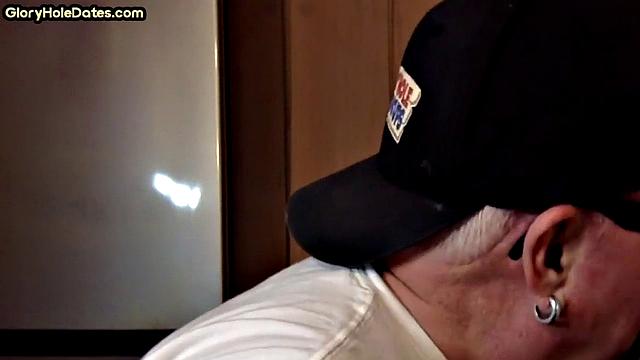 Gloryhole amateur DILF gives closeup blowjob and handjob