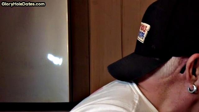 Gloryhole amateur DILF gives closeup blowjob and handjob