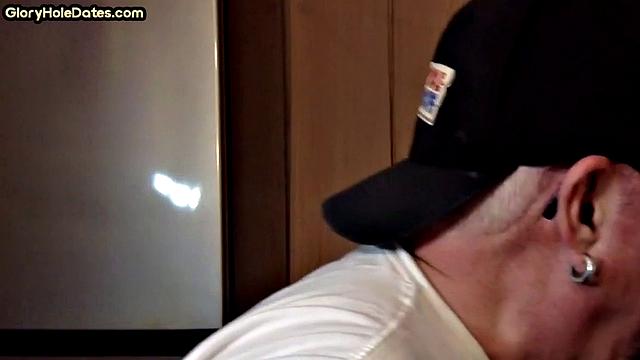 Gloryhole amateur DILF gives closeup blowjob and handjob