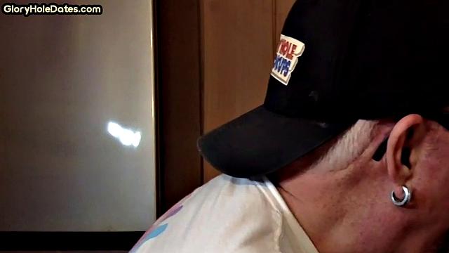 Gloryhole amateur DILF gives closeup blowjob and handjob