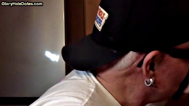 Gloryhole amateur DILF gives closeup blowjob and handjob