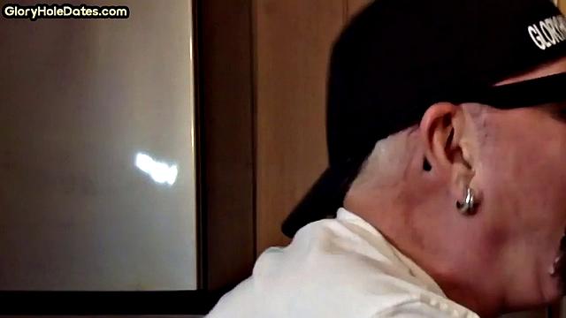 Gloryhole amateur DILF gives closeup blowjob and handjob