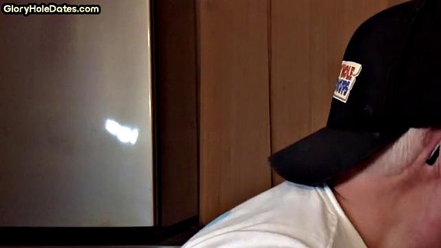 Gloryhole amateur DILF gives closeup blowjob and handjob