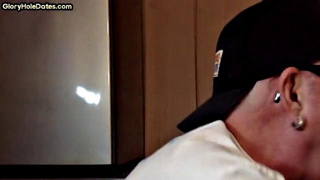 Gloryhole amateur DILF gives closeup blowjob and handjob