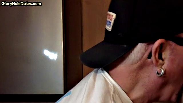 Gloryhole amateur DILF gives closeup blowjob and handjob