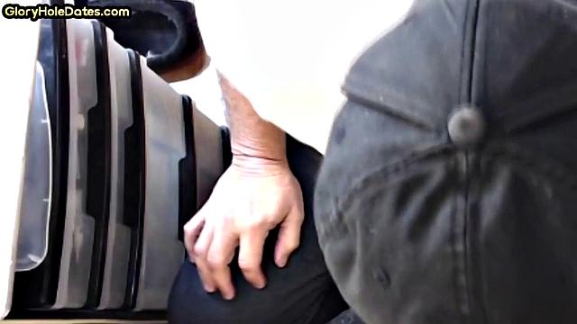 Gloryhole amateur DILF gives closeup blowjob and handjob