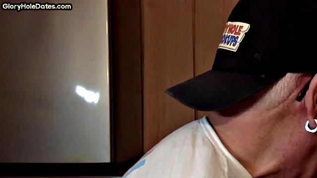 Gloryhole amateur DILF gives closeup blowjob and handjob