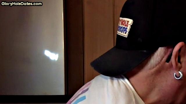 Gloryhole amateur DILF gives closeup blowjob and handjob