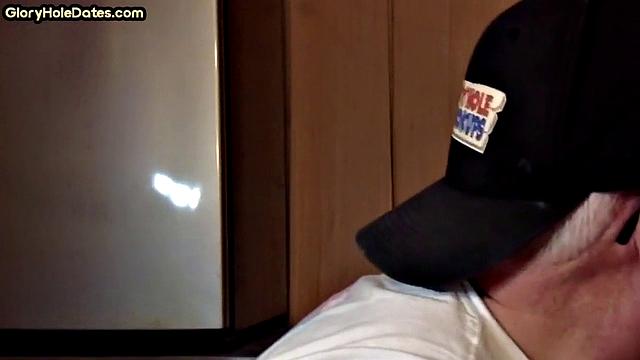 Gloryhole amateur DILF gives closeup blowjob and handjob