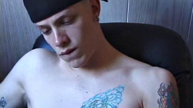 After skateboarding, Shane is ready to relax and stroke one out, so he finds some inspiration on the computer and begins massaging his cock. He pulls his shorts off and lubes up, then works his slippery cock.