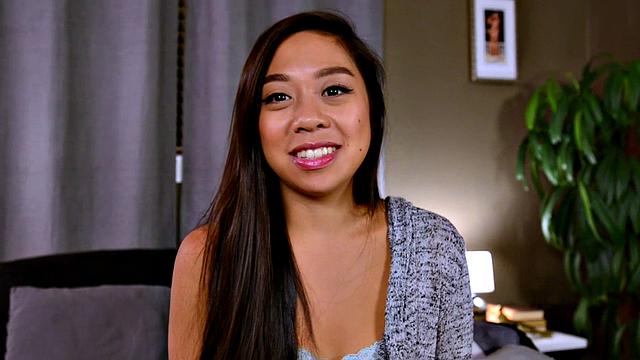 Asian beauty strips off white lingerie to show wet snatch.