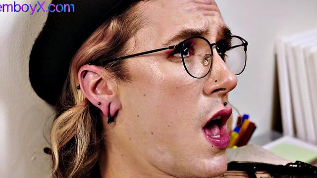 Femboi crossdresser in lingerie assnailed by stud