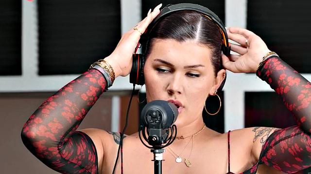 Tgirl goddess in interracial duo in singing booth