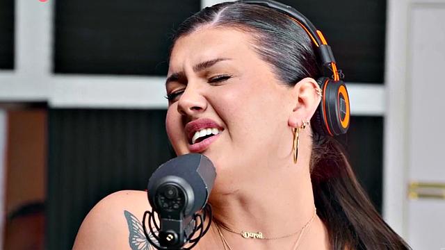 Tgirl goddess in interracial duo in singing booth