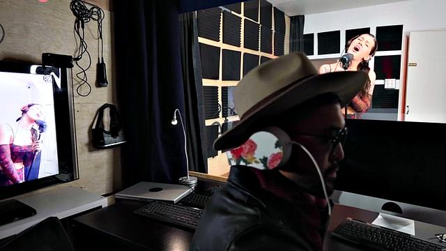 Tgirl goddess in interracial duo in singing booth