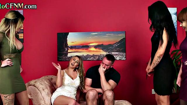 CFNM euro MILFS give blowjob and handjob to guy