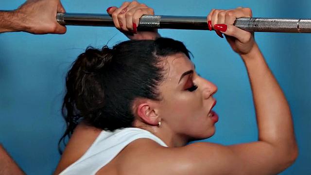 Oiled gym bigtitted MILF banged by coach after practice