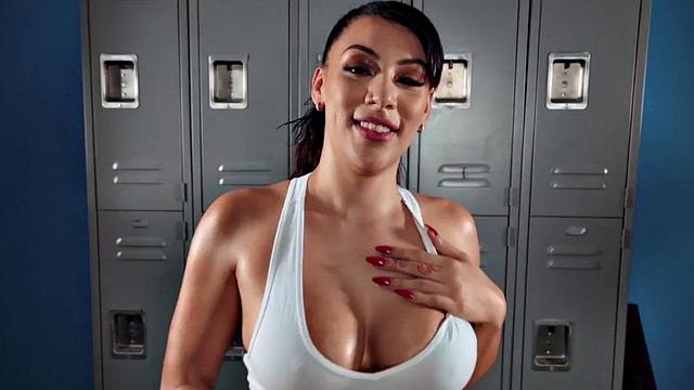 Oiled gym bigtitted MILF banged by coach after practice