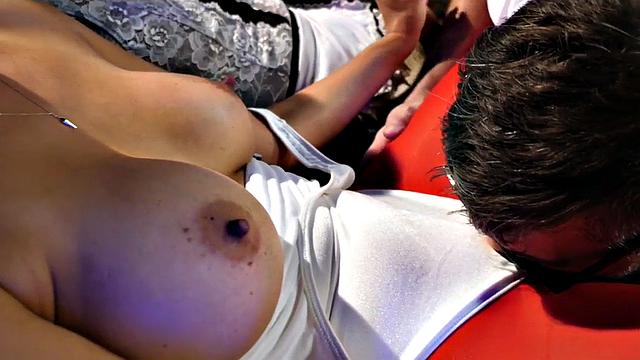 Kinky maid in pantyhose enjoys swapping cum with crossdresser in a 3some frenzy