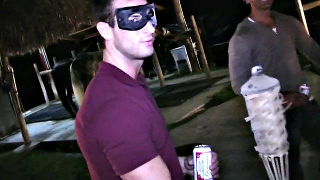 Blindfolded amateur waits outdoor for fraternity cum