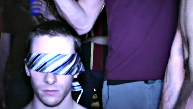 Blindfolded amateur waits outdoor for fraternity cum