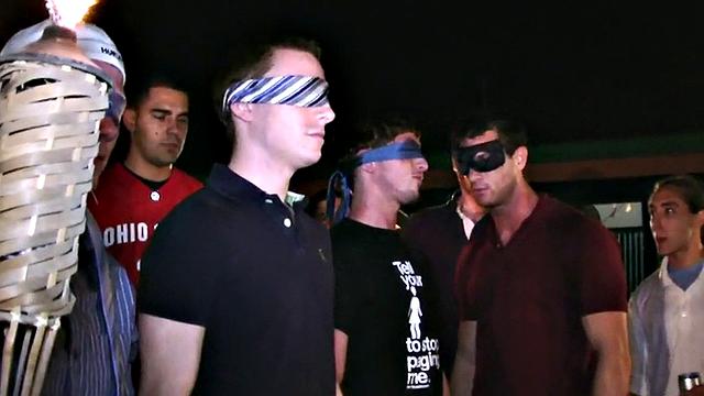 Blindfolded amateur waits outdoor for fraternity cum