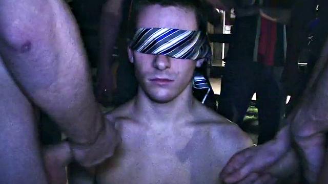 Blindfolded amateur waits outdoor for fraternity cum