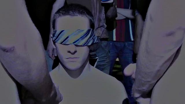 Blindfolded amateur waits outdoor for fraternity cum