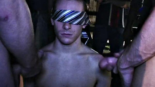 Blindfolded amateur waits outdoor for fraternity cum
