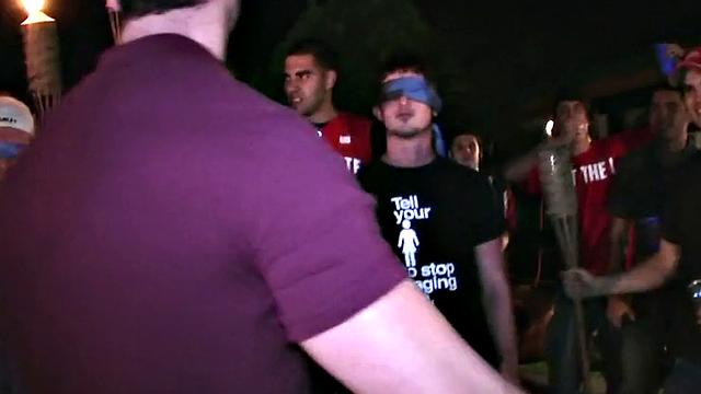 Blindfolded amateur waits outdoor for fraternity cum