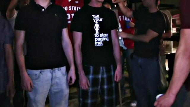 Blindfolded amateur waits outdoor for fraternity cum