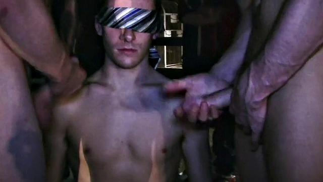 Blindfolded amateur waits outdoor for fraternity cum