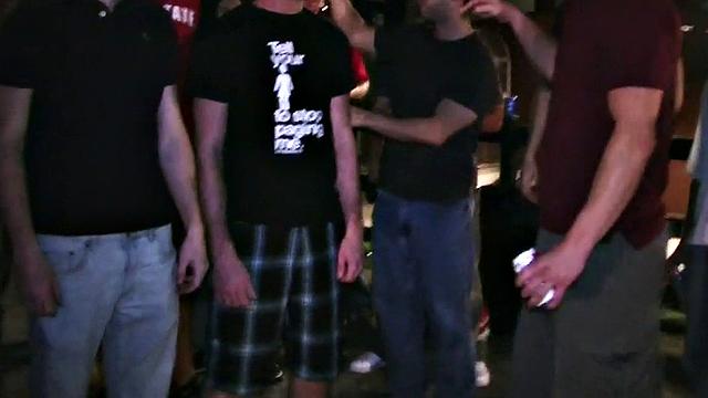 Blindfolded amateur waits outdoor for fraternity cum