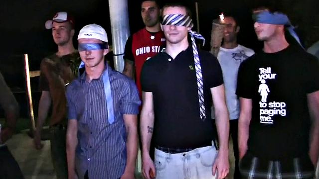 Blindfolded amateur waits outdoor for fraternity cum