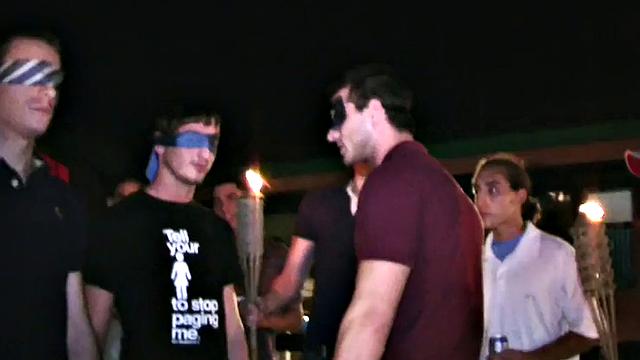 Blindfolded amateur waits outdoor for fraternity cum