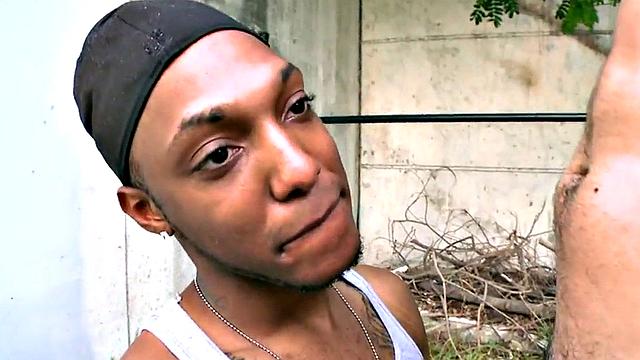 Tattooed ebony hunk pounds tight interracial ass of Ebony bottom