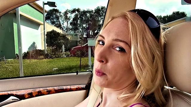 A tattooed babe get her small tits and glasses dirty and take a cumshot on her car