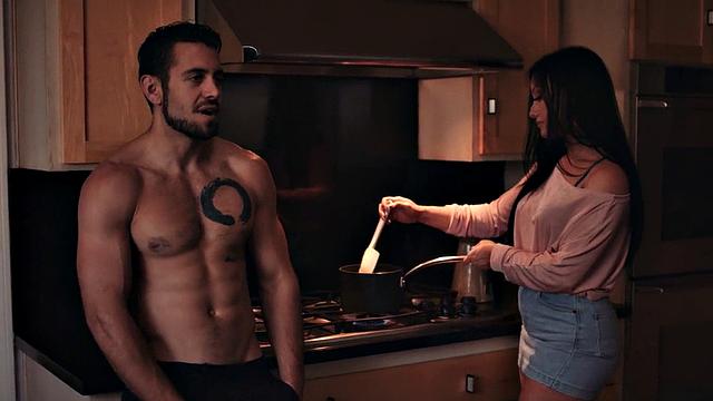 Busty stepmom riding stepson after cumshot