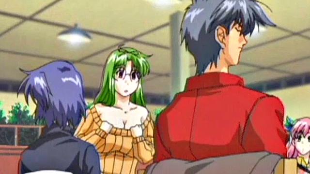 аниме-рыжая с огромными сиськами страстно скачет на члене на лестнице